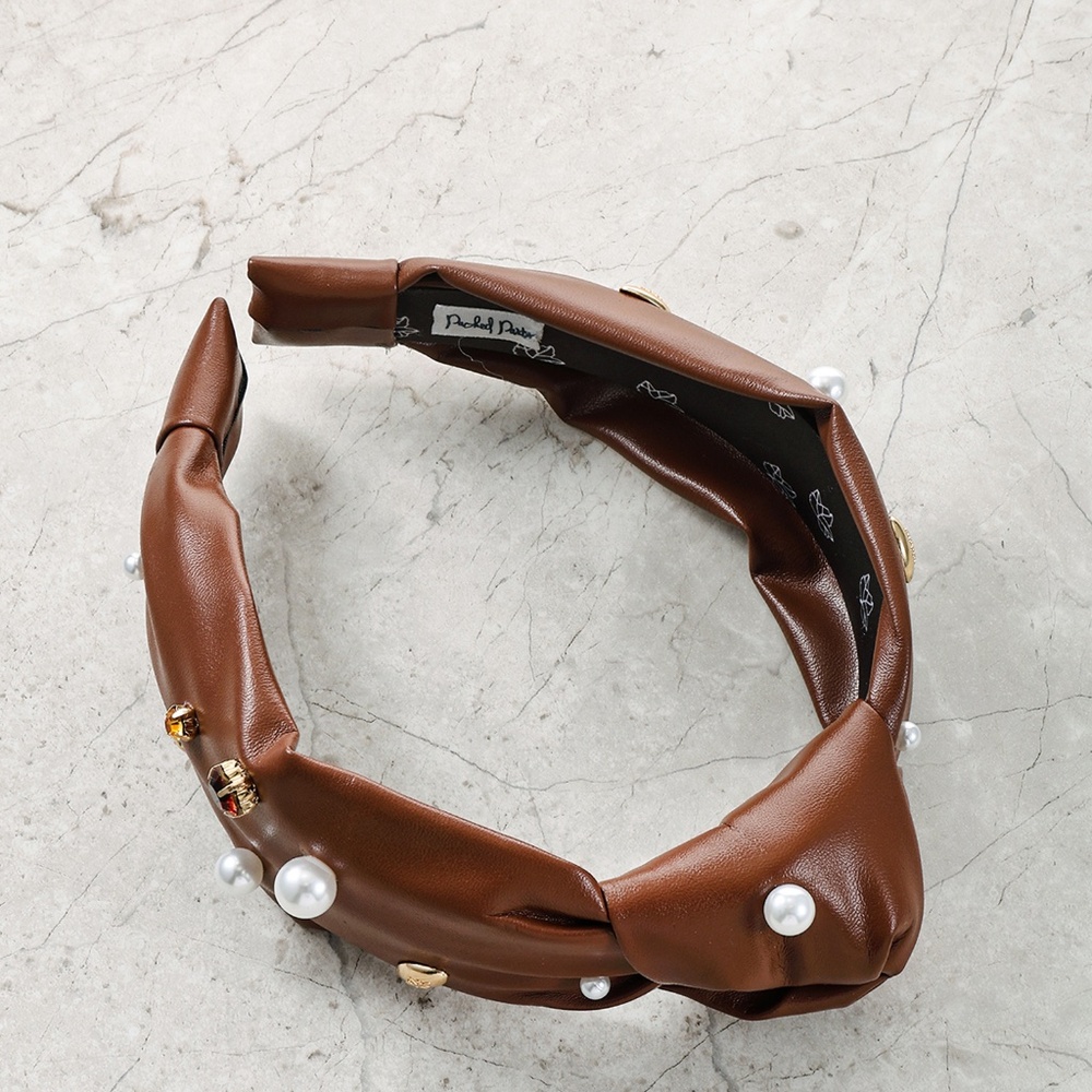 NEW Faux Leather Women's Brown Hairband Wide Bow Knot Headband Pearl Rhinestone